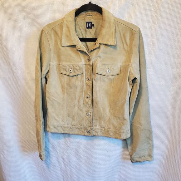 VTG Gap Womens Sz M Leather Trucker Jacket Coat 90s Y2K Tan Heavy Split Cowhide